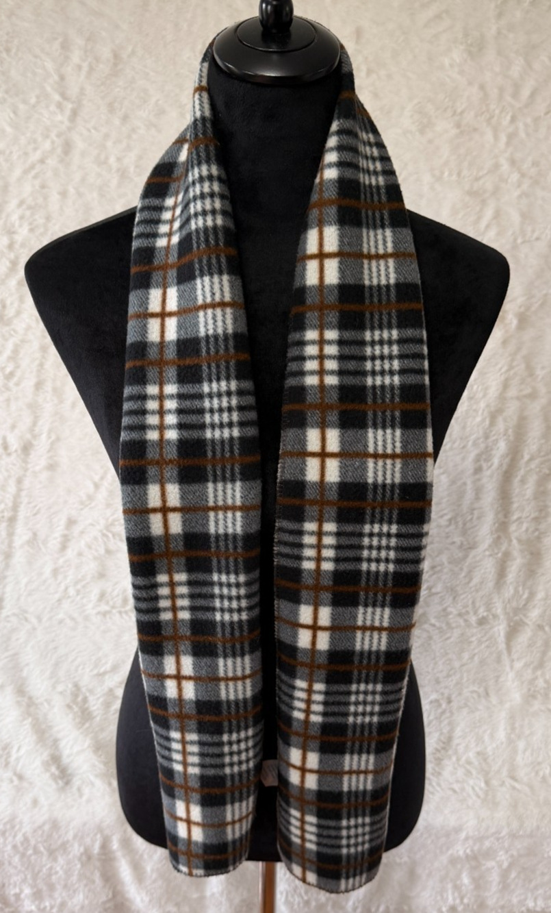 Plush Fleece Winter Scarf Black Gray White Brown Plaid Reversible